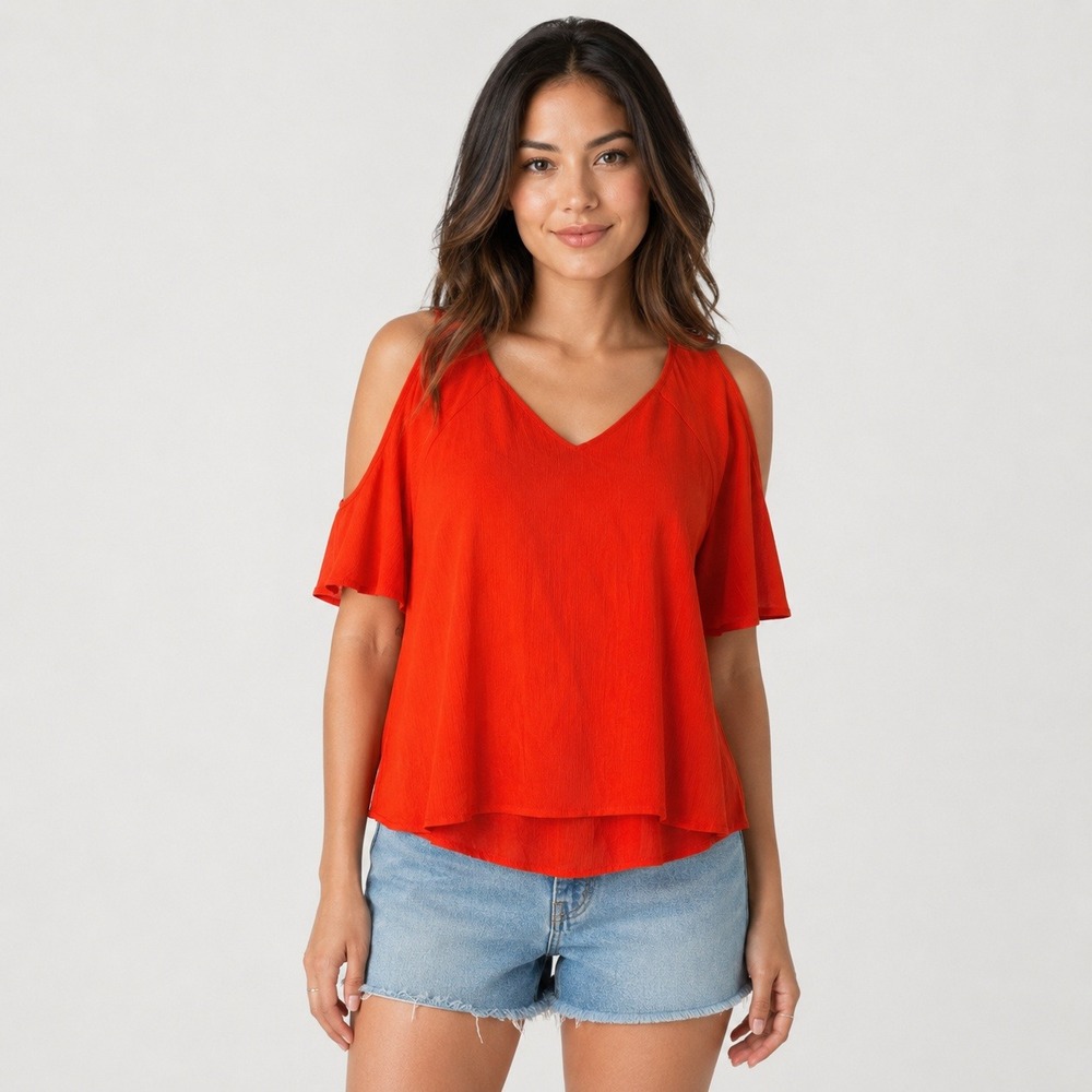 Juicy Couture Womens XS‎ Red Cold Shoulder Tiered V-Neck Blouse Top